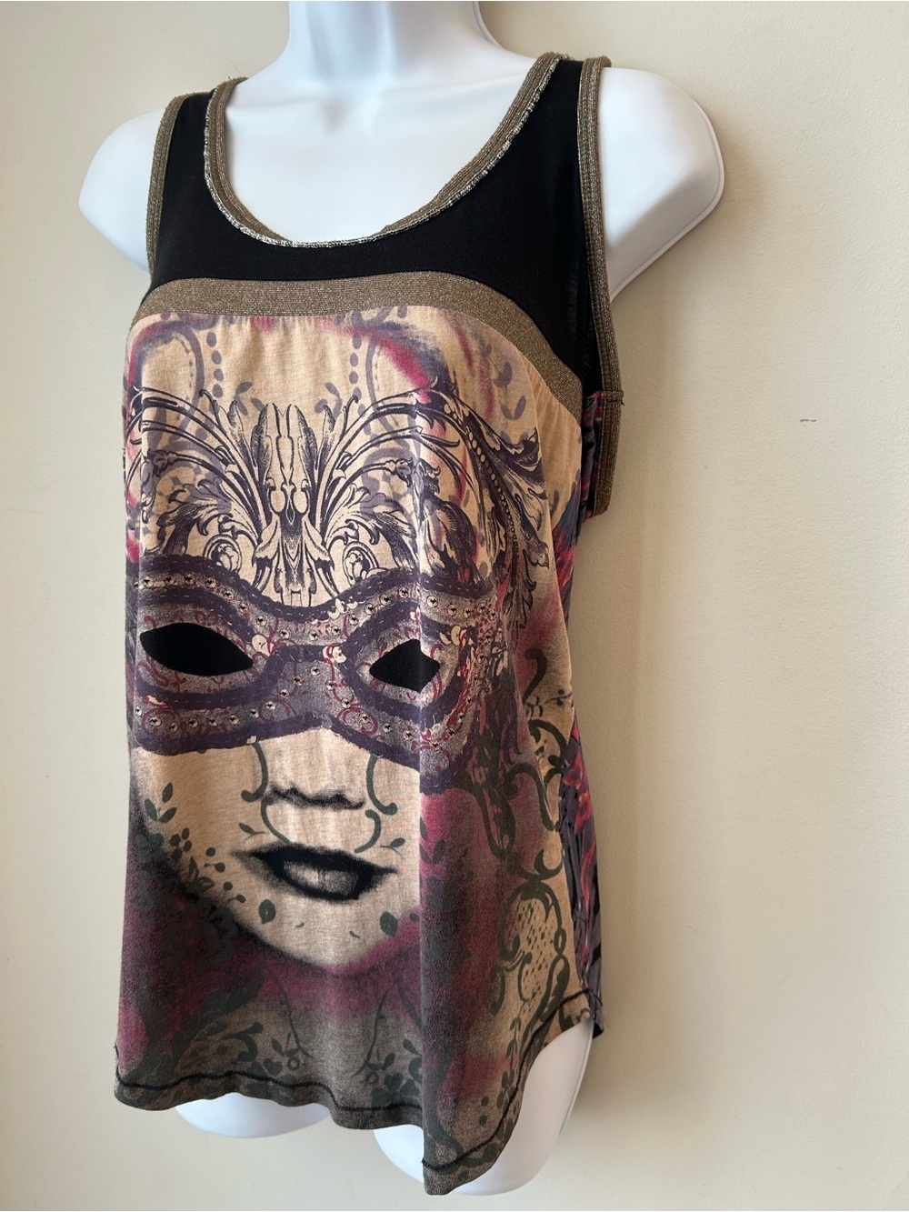 Custo Barcelona Artsy Graphic Mask Tank Y2K Boho Festival Goth Top